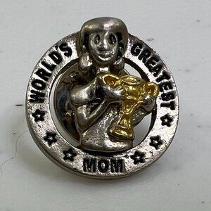 Worlds Greatest Mom Holding Trophy Two Tone Silver Gold‎ 3D Lapel Pin Brooch